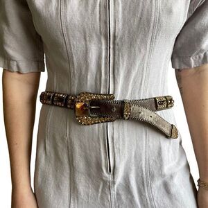 Womens Western Brown Gemstone Cowhide Sparkly Rodeo Cowgirl Leather Belt Sz XL